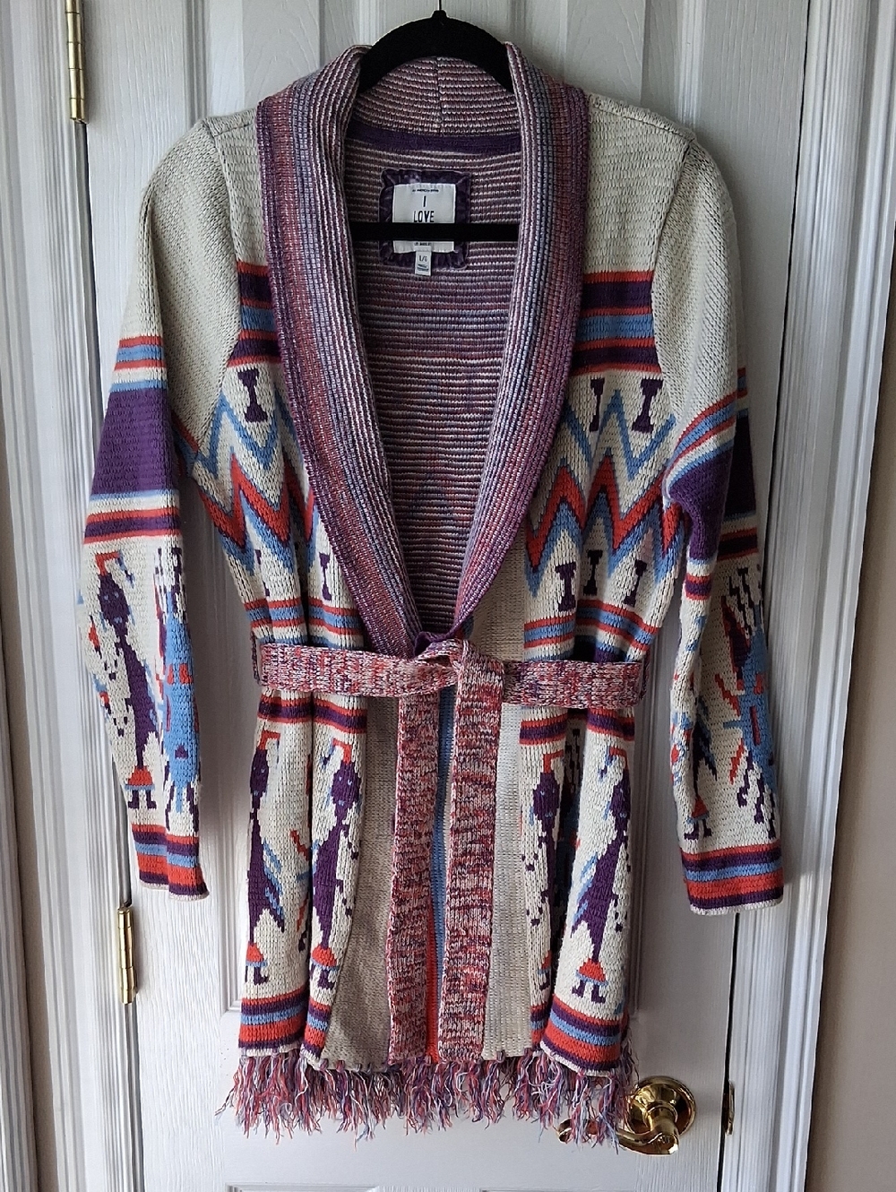 Aztec Design Cream, Purple & Blue Knit Cardigan with Belt